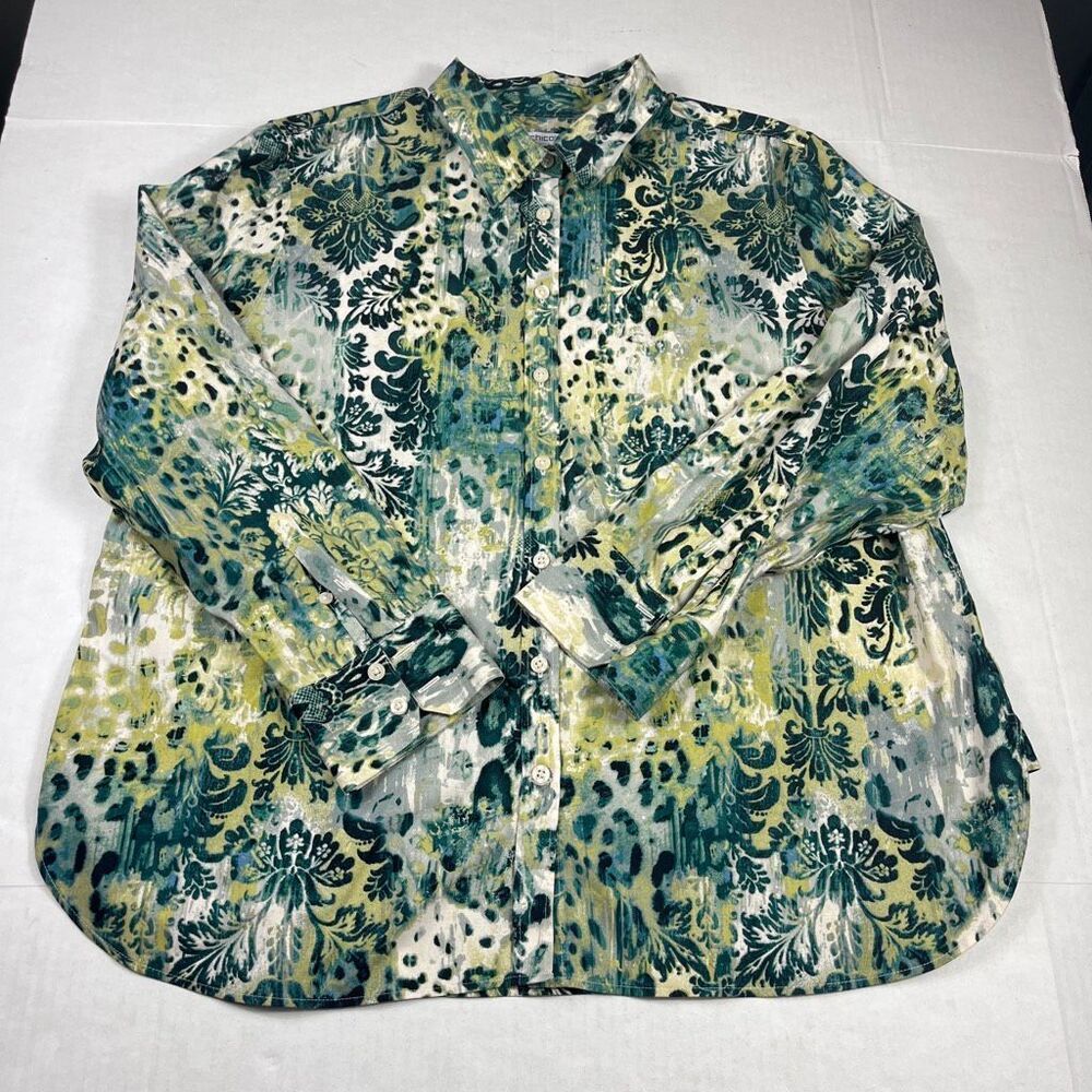 Chicos Collared Button Down Shirt Damask Mixed Print Workwear Casual Top 3.5 18